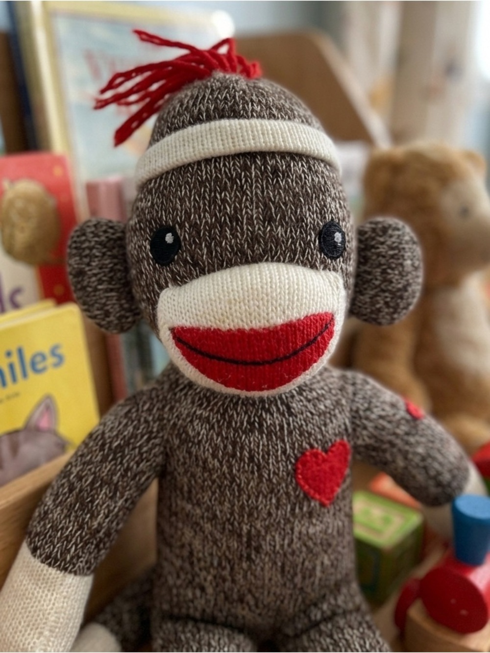 Classic Sock Monkey Stuffed Animal Plush Toy EUC Red Heart Kidcore